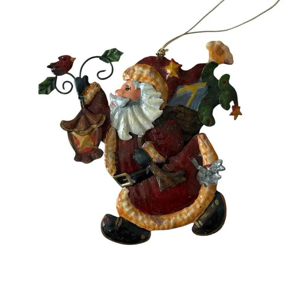 3 Rustic Metal Tin Country Santa Claus Christmas Ornaments 6'-8' EUC